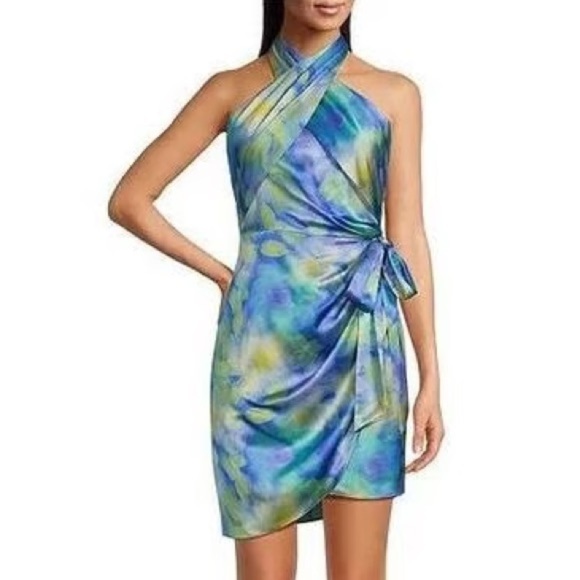 Badgley Mischka Blue and Green Halter Mini Cocktail Party Dress size 10 - Picture 1 of 13